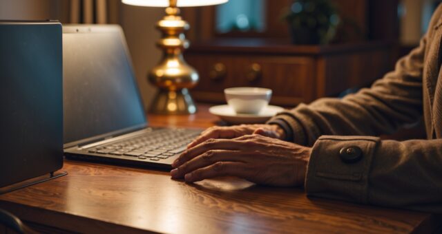Hände an einem Laptop in warm beleuchtetem Arbeitszimmer, symbolisch für Werbeauslieferung im Browser