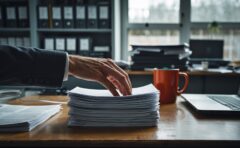 Schreibtisch in einem Redaktionsbüro mit blanko Papierstapel, geschlossenem Laptop und Kaffeetasse im gedämpften Tageslicht.