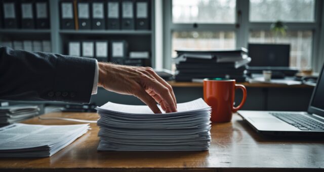 Schreibtisch in einem Redaktionsbüro mit blanko Papierstapel, geschlossenem Laptop und Kaffeetasse im gedämpften Tageslicht.