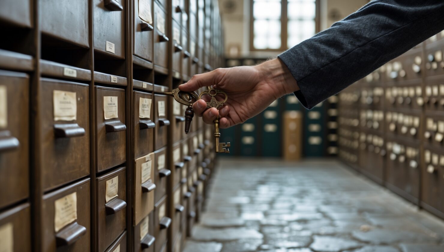 Archivraum mit Reihen identischer Schubladen und einem alten Schlüssel, Symbolbild für gespeicherte Patientendaten