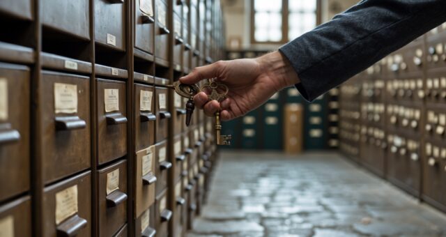 Archivraum mit Reihen identischer Schubladen und einem alten Schlüssel, Symbolbild für gespeicherte Patientendaten