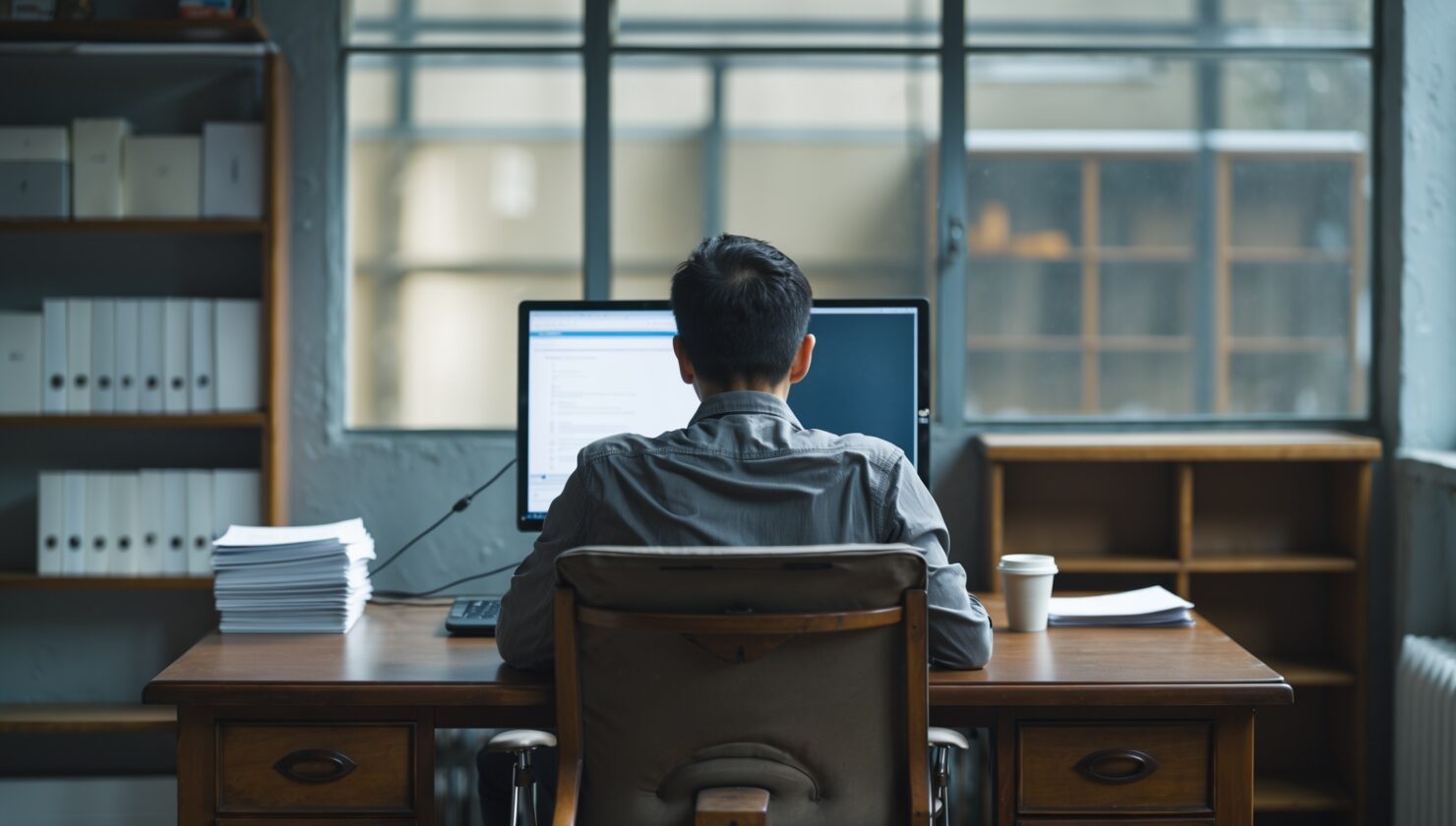 Arbeitsplatz mit Blick auf einen abgewandten Monitor in einem ruhigen Büro bei bedecktem Tageslicht