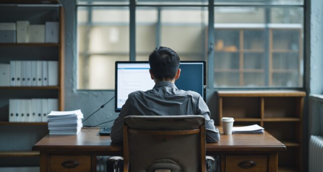 Arbeitsplatz mit Blick auf einen abgewandten Monitor in einem ruhigen Büro bei bedecktem Tageslicht