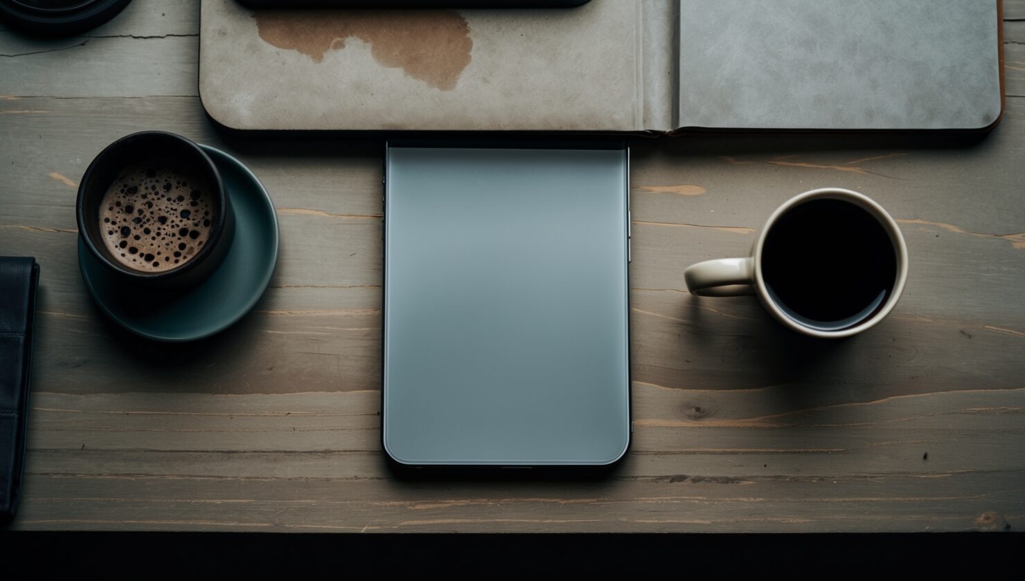 Smartphone und Notizbuch auf einem Schreibtisch von oben fotografiert, symbolisch fuer Einschraenkungen bei einer kostenlosen KI-App