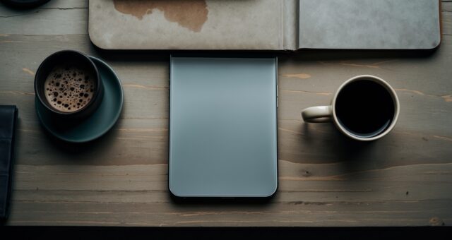Smartphone und Notizbuch auf einem Schreibtisch von oben fotografiert, symbolisch fuer Einschraenkungen bei einer kostenlosen KI-App