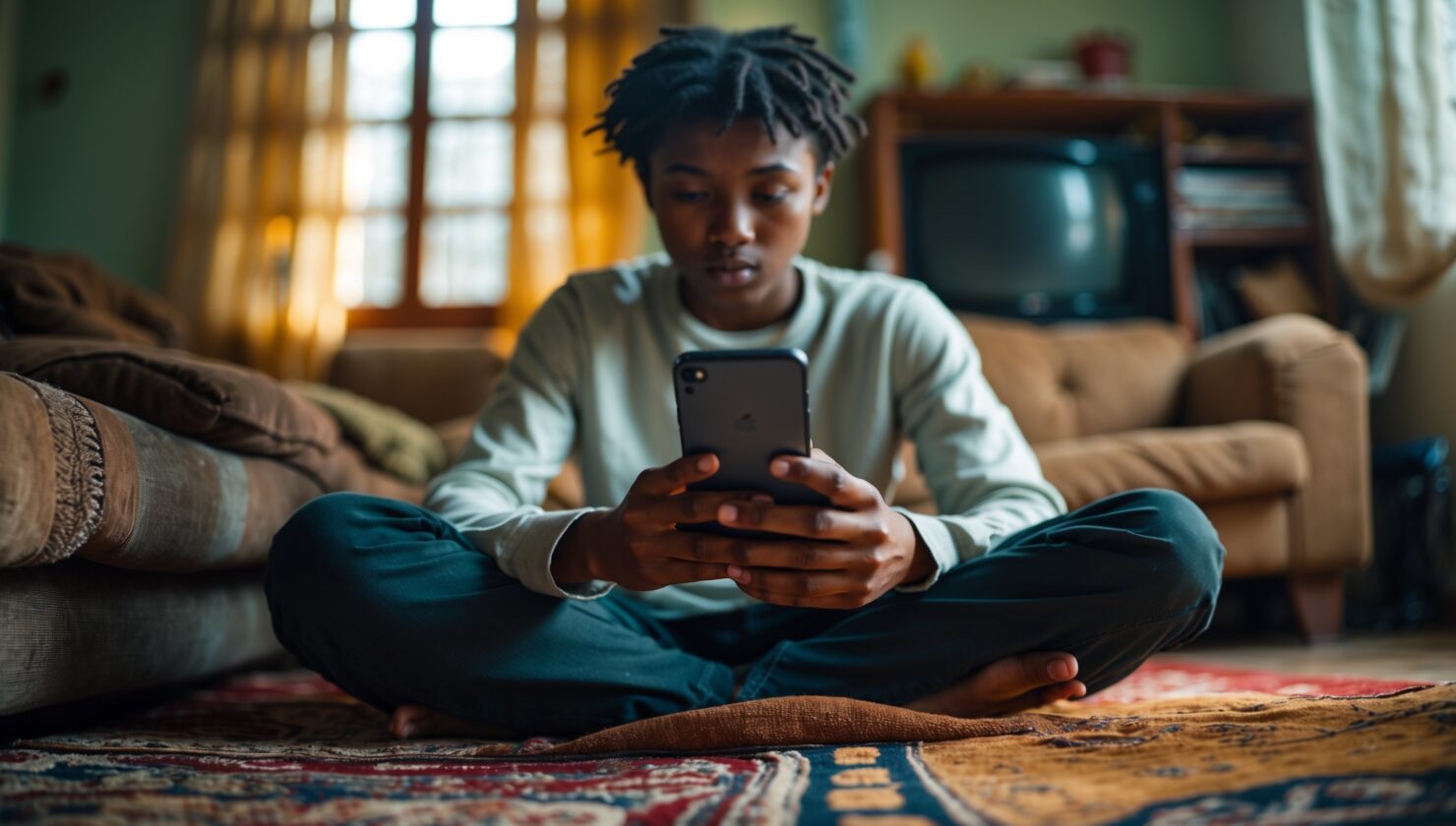 Eine Person scrollt am späten Nachmittag auf dem Sofa durch Kurzvideos auf dem Smartphone
