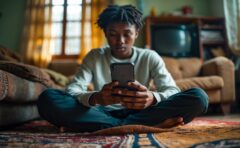 Eine Person scrollt am späten Nachmittag auf dem Sofa durch Kurzvideos auf dem Smartphone