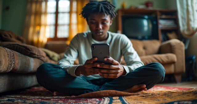 Eine Person scrollt am späten Nachmittag auf dem Sofa durch Kurzvideos auf dem Smartphone