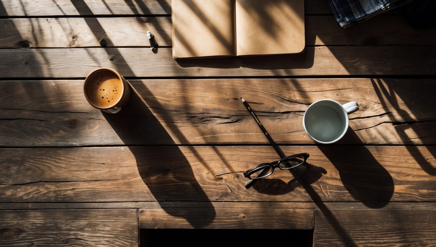 Blick von oben auf einen Holzschreibtisch mit Bleistift, Tasse und Lesebrille - Symbolbild zum Clixplora Morning Briefing vom 09.10.2026