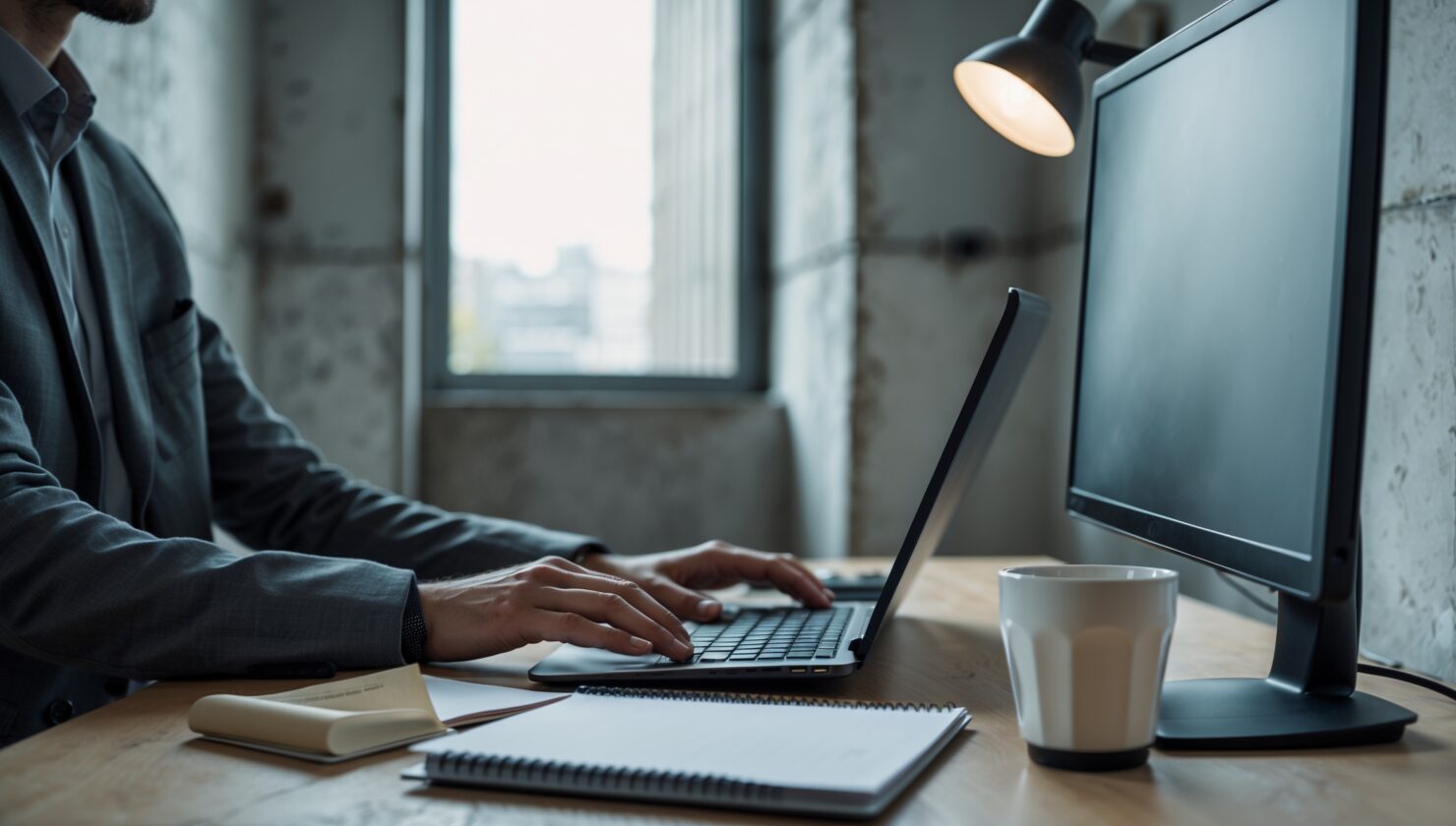 Schreibtisch mit Laptop und einem von hinten sichtbaren Monitor in einem ruhigen Büroraum mit Fensterlicht