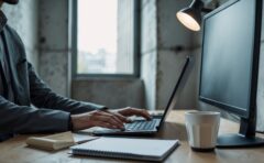 Schreibtisch mit Laptop und einem von hinten sichtbaren Monitor in einem ruhigen Büroraum mit Fensterlicht