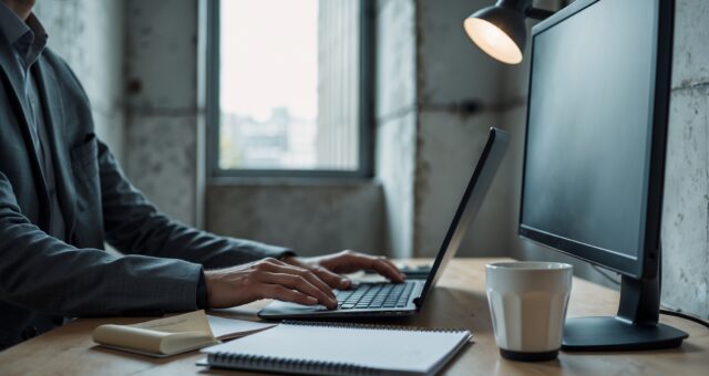 Schreibtisch mit Laptop und einem von hinten sichtbaren Monitor in einem ruhigen Büroraum mit Fensterlicht