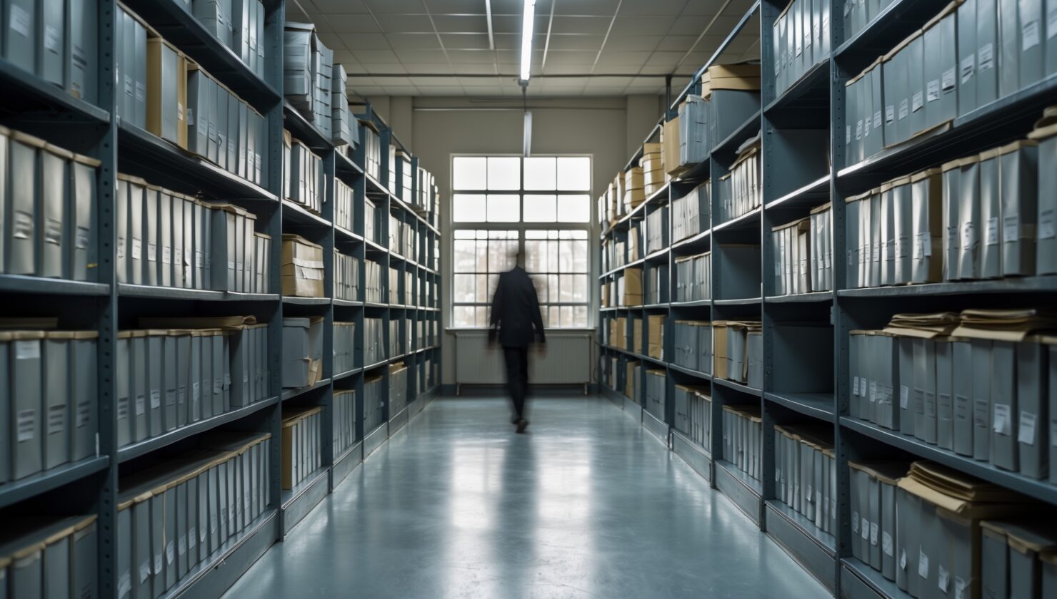 Langzeitbelichtung eines Archivraums mit verschwommener Bewegung einer Person zwischen hohen Regalen, kühles graues Tageslicht