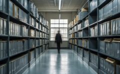 Langzeitbelichtung eines Archivraums mit verschwommener Bewegung einer Person zwischen hohen Regalen, kühles graues Tageslicht