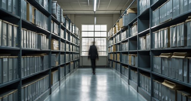 Langzeitbelichtung eines Archivraums mit verschwommener Bewegung einer Person zwischen hohen Regalen, kühles graues Tageslicht