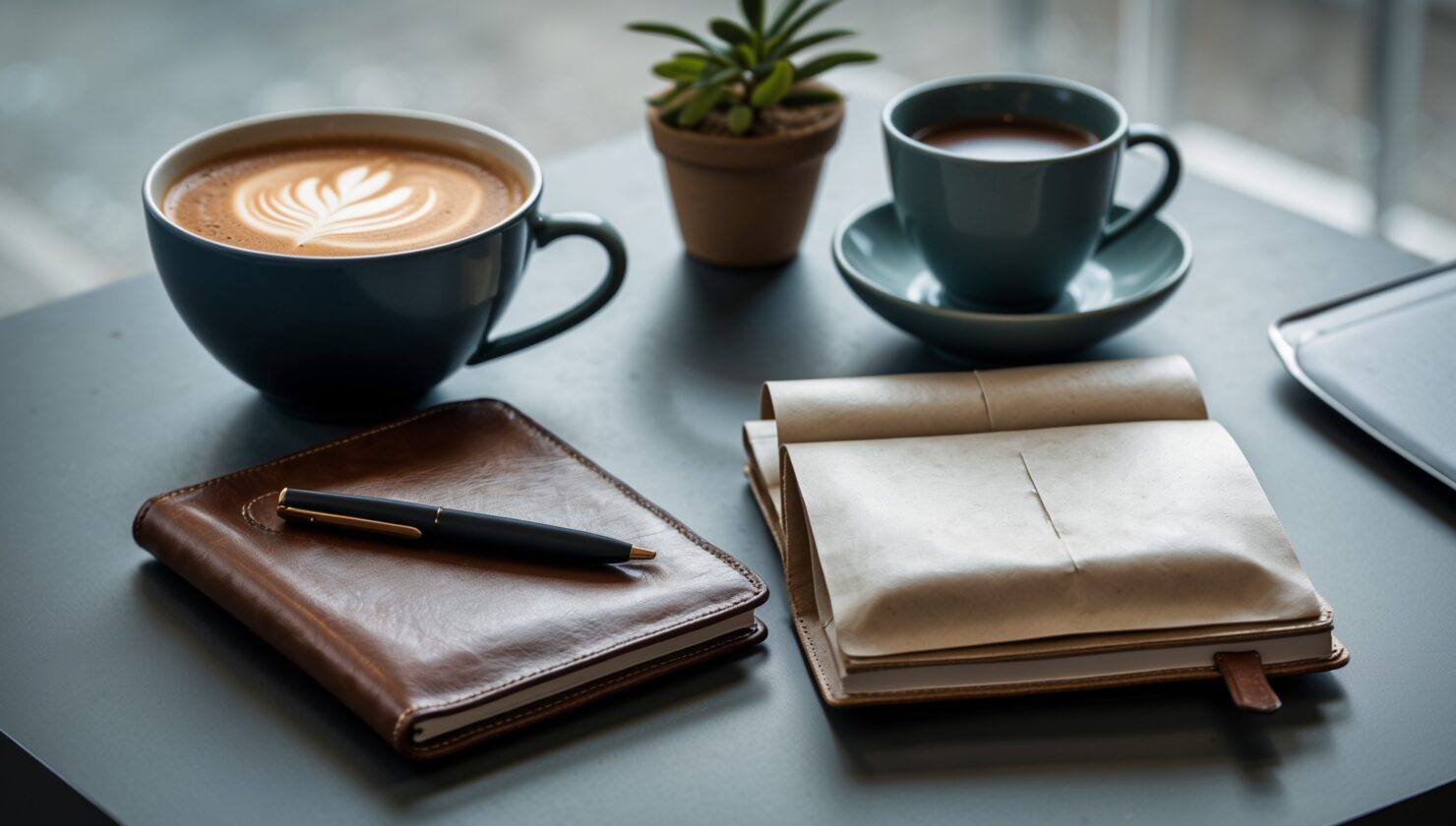 Abgekühlte Kaffeetasse neben einem geschlossenen Notizbuch auf einem Schreibtisch - Symbolbild zum Clixplora Morning Briefing vom 14.10.2026