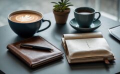 Abgekühlte Kaffeetasse neben einem geschlossenen Notizbuch auf einem Schreibtisch - Symbolbild zum Clixplora Morning Briefing vom 14.10.2026