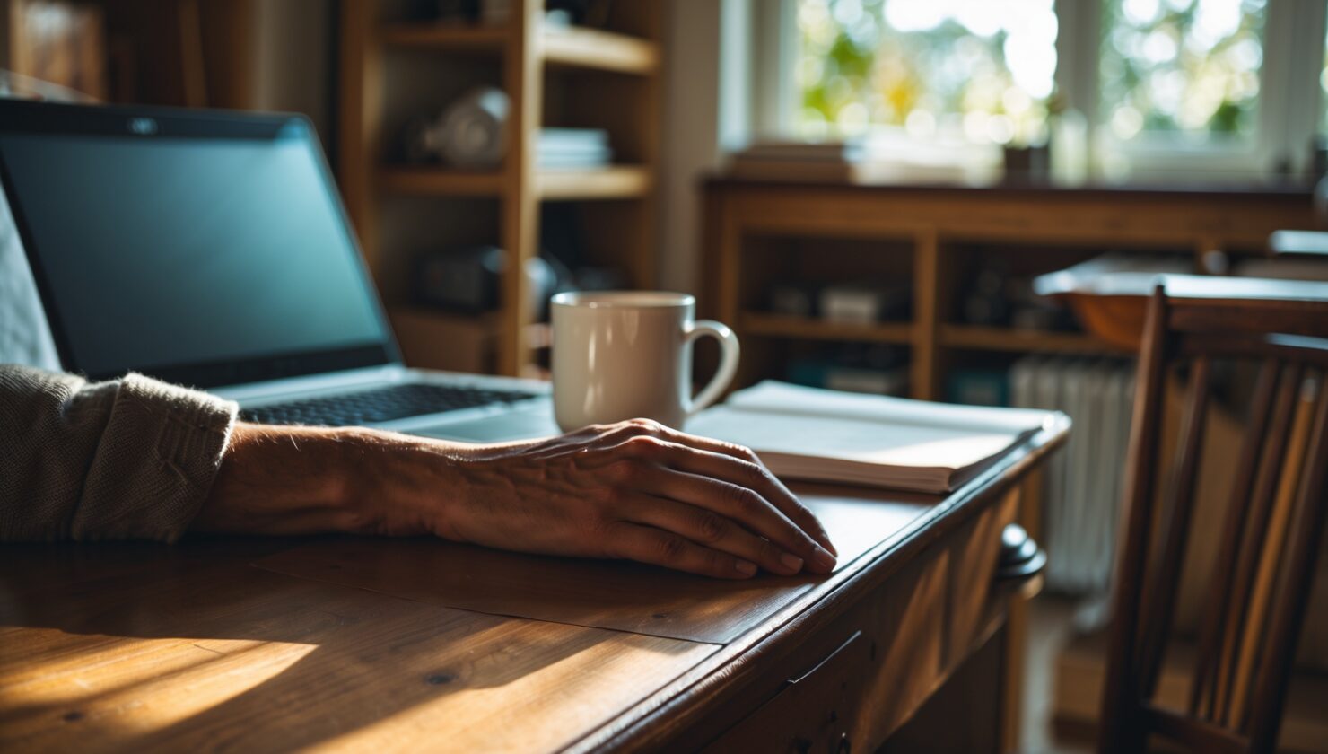Schreibtisch mit Laptop, Notizpapier und Kaffeetasse im warmen Nachmittagslicht als Sinnbild für Budgetplanung