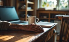 Schreibtisch mit Laptop, Notizpapier und Kaffeetasse im warmen Nachmittagslicht als Sinnbild für Budgetplanung