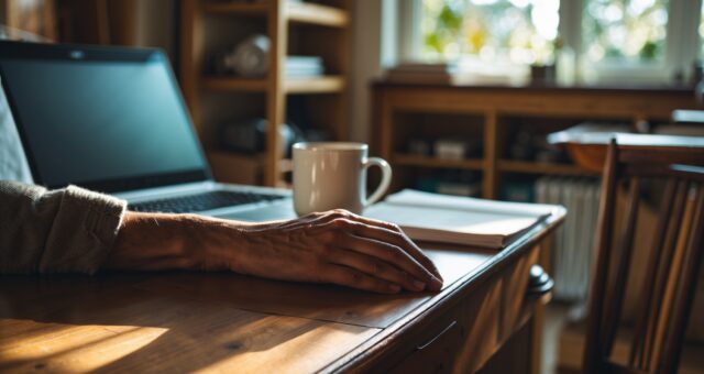 Schreibtisch mit Laptop, Notizpapier und Kaffeetasse im warmen Nachmittagslicht als Sinnbild für Budgetplanung