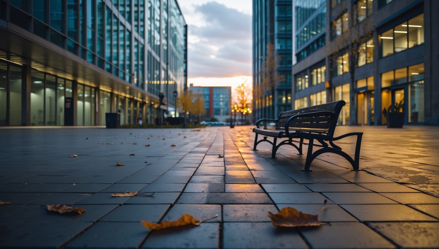 Menschenleerer Stadtplatz bei Dämmerung als Sinnbild für neue digitale Geschäftsmodelle