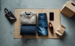 Von oben fotografierte Kleidungsstuecke und ein umgedrehtes Smartphone auf einer Arbeitsflaeche als Symbolbild fuer Online-Shopping mit ChatGPT